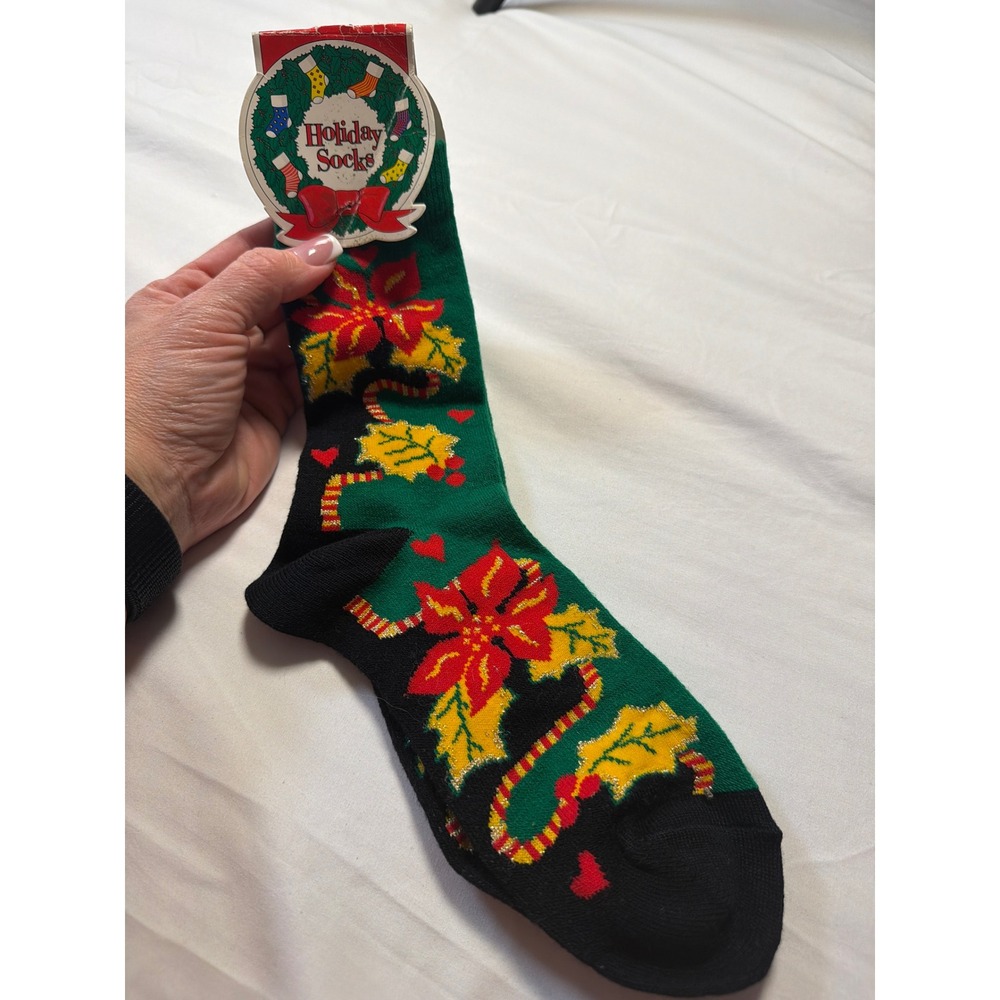 Vintage Ben Berger Christmas Socks Green Black Poinsettia Candy Cane Glitter NWT